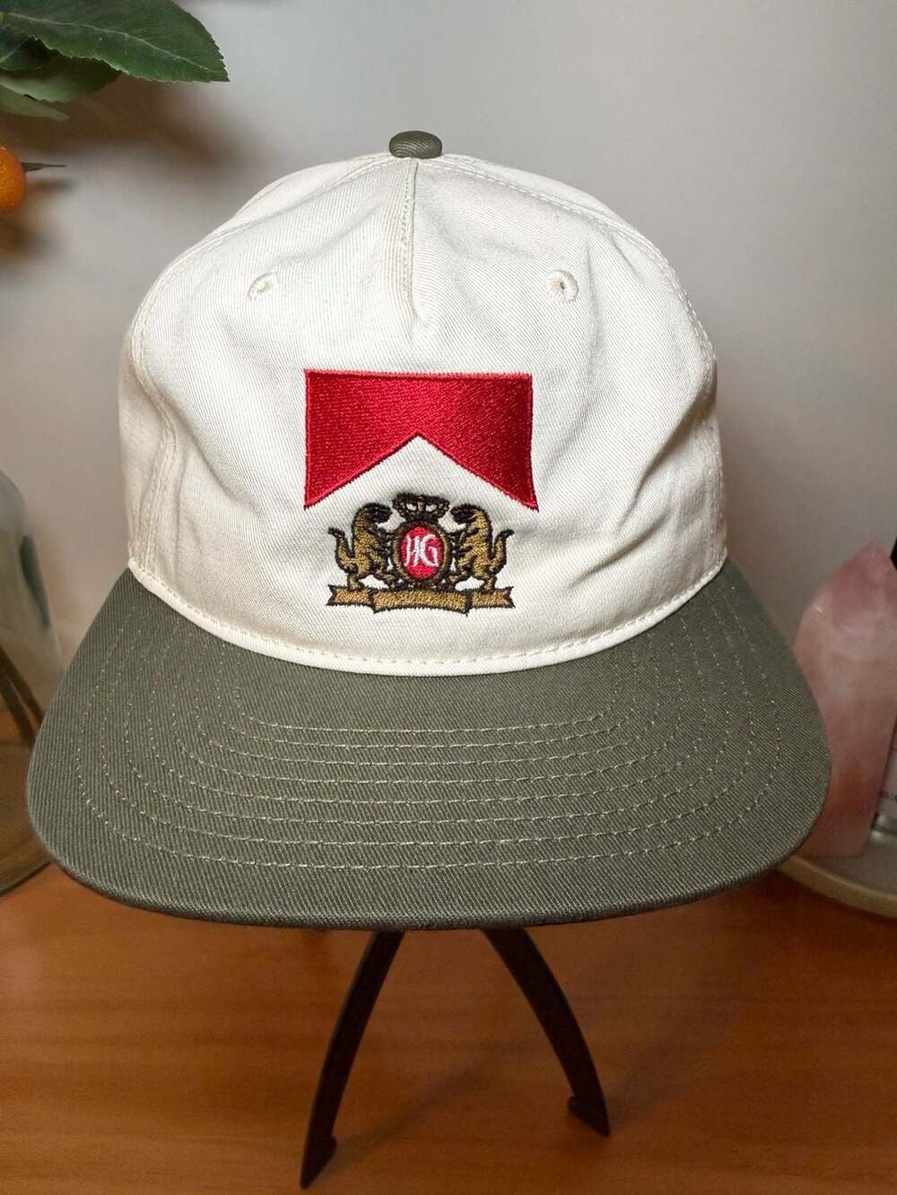 Vintage Style Marlboro Parody Embroidered Snapback Hat Cream and Olive
